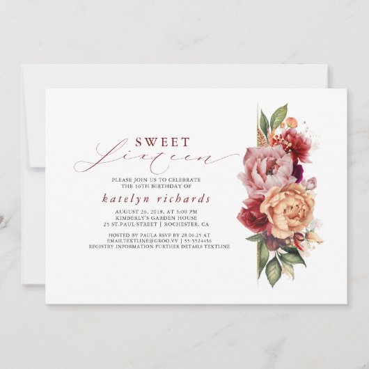 バーガンディレッドとオレンジの花のシックなスイート16 招待状 (正面)