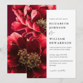 バーガンディレッドとゴールドのモダンな花柄の写真ウェディング 招待状 (正面/裏面)