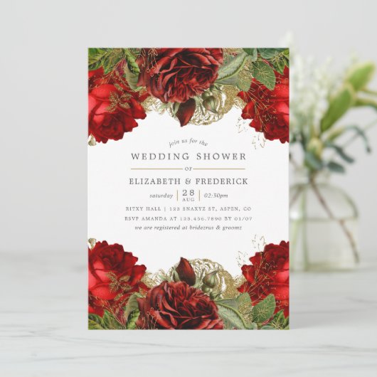 バーガンディレッドとゴールドのヴィンテージウェディングシャワー 招待状 (スタンド正面)