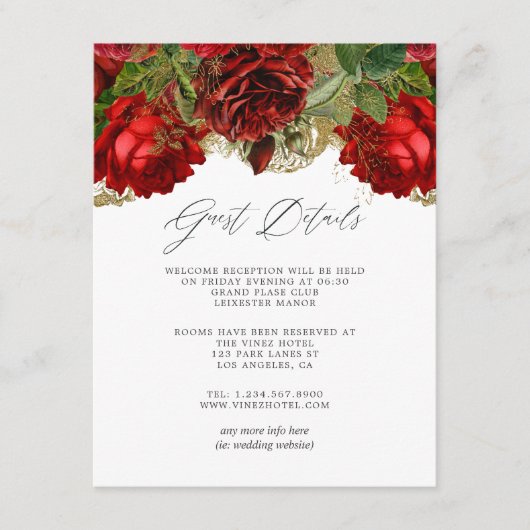 バーガンディレッドとゴールドのヴィンテージローズのゲスト詳細 エンクロージャーカード (正面)