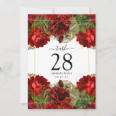 バーガンディレッドとゴールドのヴィンテージローズテーブルナンバー 招待状 (正面)