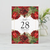 バーガンディレッドとゴールドのヴィンテージローズテーブルナンバー 招待状 (スタンド正面)