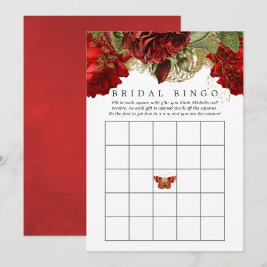 バーガンディレッドとゴールドのヴィンテージ ブライダルシャワー ビンゴ 招待状 (正面/裏面)