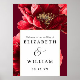 バーガンディレッドとゴールドの花の結婚式ウェルカムサイン ポスター