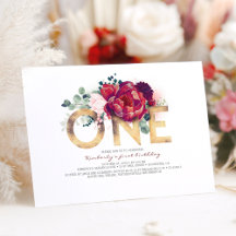 バーガンディレッドとゴールドの花柄 1歳の誕生日