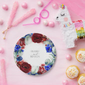 バーガンディレッドとネイビーブルーの花輪のウェディング ペーパープレート (パーティー)