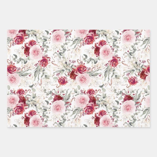 バーガンディレッドとピンクの花のボタニカルエレガント ラッピングペーパーシート (正面2)