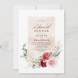 バーガンディレッドとピンクの花のリハーサルディナー 招待状