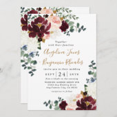 バーガンディレッドとブッシュピンクとゴールドのフラワーの結婚式 招待状 (正面/裏面)