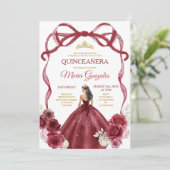 バーガンディレッドのリボン付きプリンセスゴールドクラウンのキンセアニエラ 招待状 (スタンド正面)