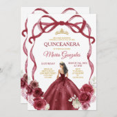 バーガンディレッドのリボン付きプリンセスゴールドクラウンのキンセアニエラ 招待状 (正面/裏面)