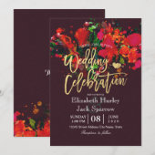 バーガンディレッドの水彩花模様とゴールドの筆記体が美しい結婚式 招待状 (正面/裏面)