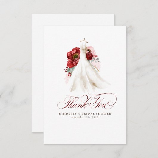 バーガンディレッドの花のウェディングシャワーのお礼 サンキューカード (正面/裏面)