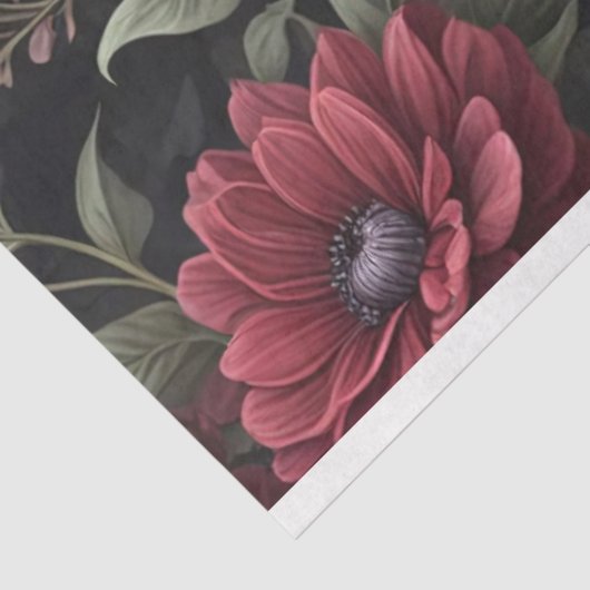 バーガンディレッドの花をフィーチャーしたゴシックデコパージュ 薄葉紙 (詳細)