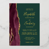 バーガンディレッドアゲート金ゴールドエメラルドグリーン結婚ズ 箔招待状 (正面)