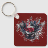 バーガンディレッドシルバーグリッターフェザードマスク キーホルダー (正面)