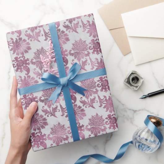 バーガンディレッドシルバーフローラル ラッピングペーパー (ギフト)