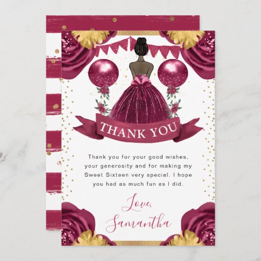 バーガンディレッドドレスダークスキンプリンセススウィート16 サンキューカード (正面/裏面)