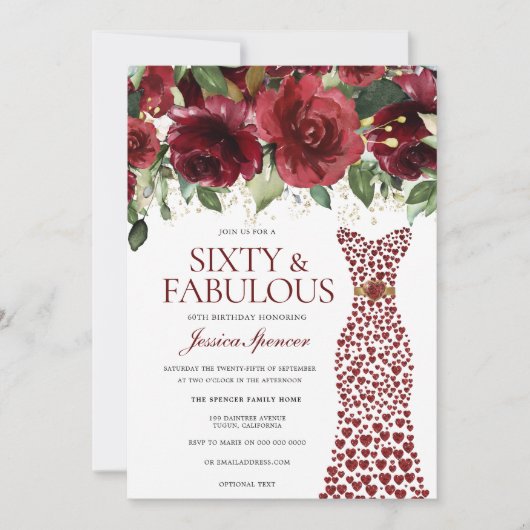 バーガンディレッドドレス60と素晴らしい60番目の誕生日 招待状 (正面)