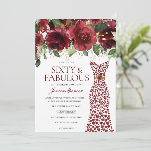 バーガンディレッドドレス60と素晴らしい60番目の誕生日 招待状 (スタンド正面)