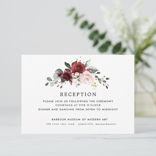 バーガンディレッドピンクフローラ素朴ウェディングレセプション エンクロージャーカード (スタンド正面)