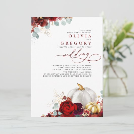 バーガンディレッドフラワーズカボチャ金ゴールド秋の結婚式 招待状 (スタンド正面)