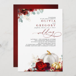 バーガンディレッドフラワーズカボチャ金ゴールド秋の結婚式 招待状
