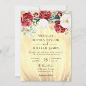 バーガンディレッドフラワーズゴールデングリッター結婚ズ 招待状 (正面)