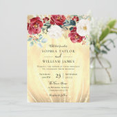 バーガンディレッドフラワーズゴールデングリッター結婚ズ 招待状 (スタンド正面)