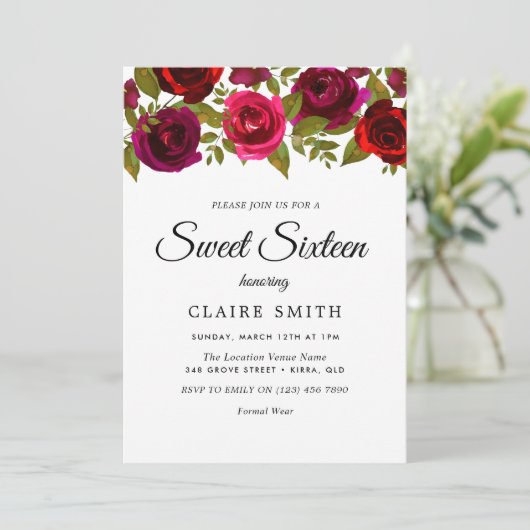 バーガンディレッドフラワーズスイエレガントート16招待状 招待状 (スタンド正面)