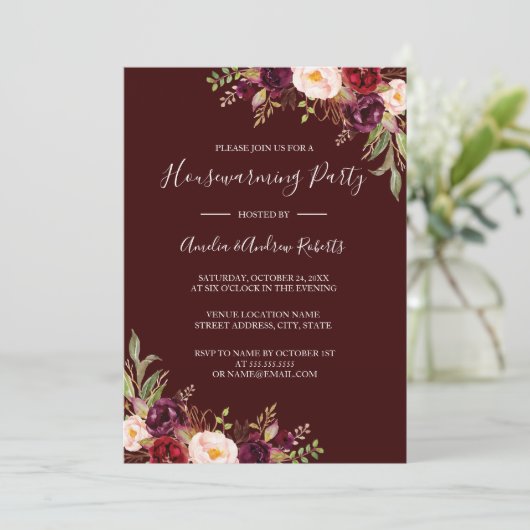 バーガンディレッドフローラ引っ越し祝いパーティーパーティー 招待状 (スタンド正面)