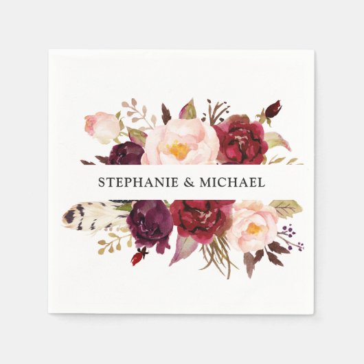 バーガンディレッドフローラ素朴ボホペーパーナプキン スタンダードカクテルナプキン (正面)