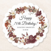 バーガンディレッドマウヴ秋花花70誕生日 ペーパーコースター (正面)