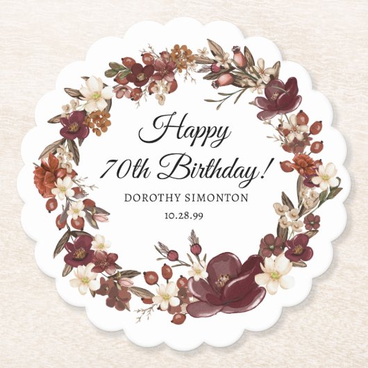 バーガンディレッドマウヴ秋花花70誕生日 ペーパーコースター (正面)