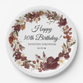 バーガンディレッドマウヴ秋花30歳の誕生日 ペーパープレート (正面)