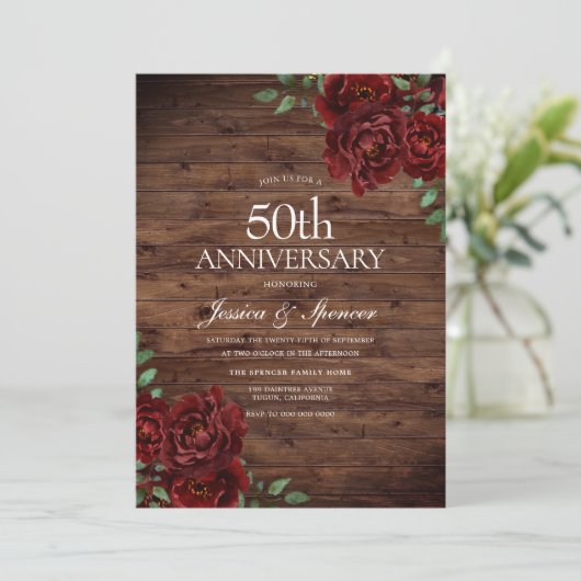 バーガンディレッドローズラスティック50周年ウェディングアニバーサリー 招待状 (スタンド正面)