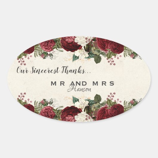 バーガンディレッドローズ葉とヴィンテージありがとう 楕円形シール (正面)