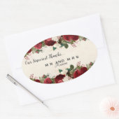 バーガンディレッドローズ葉とヴィンテージありがとう 楕円形シール (封筒)