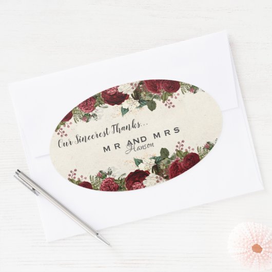 バーガンディレッドローズ葉とヴィンテージありがとう 楕円形シール (封筒)
