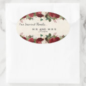 バーガンディレッドローズ葉とヴィンテージありがとう 楕円形シール (バッグ)