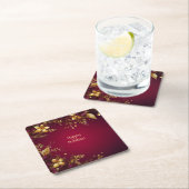 バーガンディレッド金ゴールドフラワーズホリデー紙コースター スクエアペーパーコースター (インサイチュ)