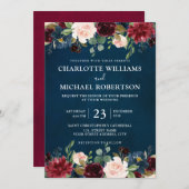 バーガンディレッド ネイビーブルー 花柄 ラスティック ボーホー 招待状 (正面/裏面)