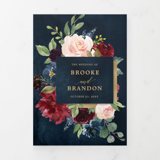 バーガンディレッド ネイビー ゴールド トライアングル ウェディング インビテーション (カバー)