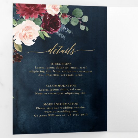 バーガンディレッド ネイビー ゴールド トライアングル ウェディング インビテーション (内部最初)