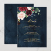 バーガンディレッド ネイビー フラワー ラスティック ウェディング 詳細 エンクロージャーカード (正面/裏面)