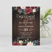 バーガンディレッド ネイビー フローラル ウッドエンゲージパーティー 招待状 (スタンド正面)