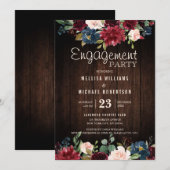 バーガンディレッド ネイビー フローラル ウッドエンゲージパーティー 招待状 (正面/裏面)