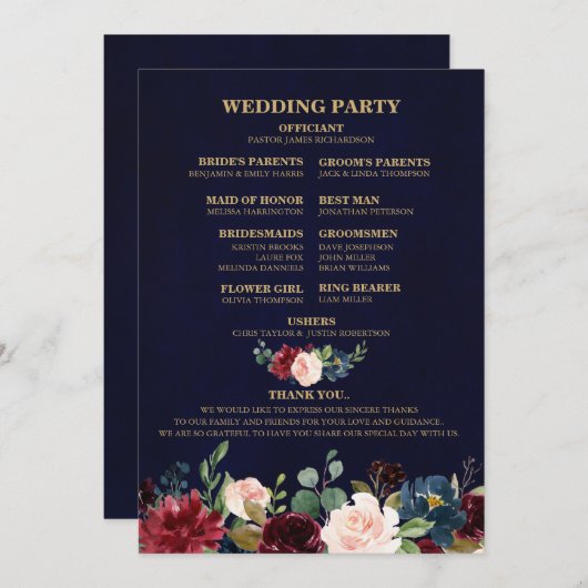 バーガンディレッド ネイビー フローラル ラスティック ボーホー ファンバック プログラム (正面/裏面)