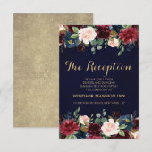 バーガンディレッド ネイビー フローラル ラスティック ボーホー レセプション 招待状 (正面/裏面)