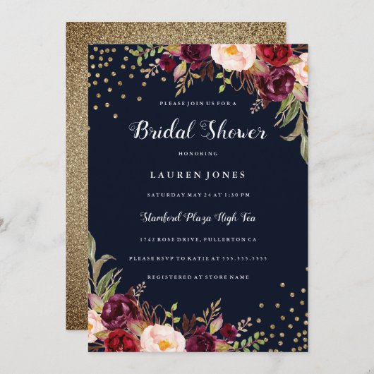 バーガンディレッド ネイビー 花飾り ゴールド ブライダルシャワー 招待状 (正面/裏面)